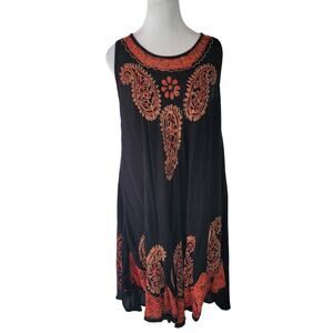 S.R. Fashion Black Sleeveless Dress Embroidered Free Size Bohemian Boho Casual